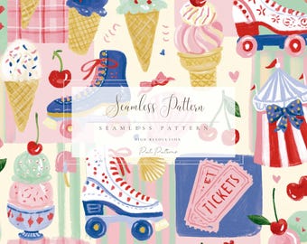 Motivo senza soluzione di continuità con pattini a rotelle a tema gelato PNG, simpatico sfondo estivo a tema dessert, download veloce, utilizzo commerciale
