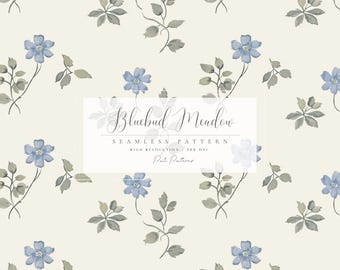 Motivo senza soluzione di continuità "Bluebud Meadow" - Carta digitale floreale blu minuscola - Carta da parati vintage in stile Cottagecore - Design floreale su tessuto - Baby Shower