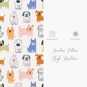 K&ouml;nnte beinhalten: Nahtloses Muster mit Cartoon-Hunden und einem Hasen in Orange, Rosa, Blau und Gr&uuml;n auf cremefarbenem Hintergrund. Der Text "Seamless Pattern High Resolution" und Social-Media-Handles sind enthalten.