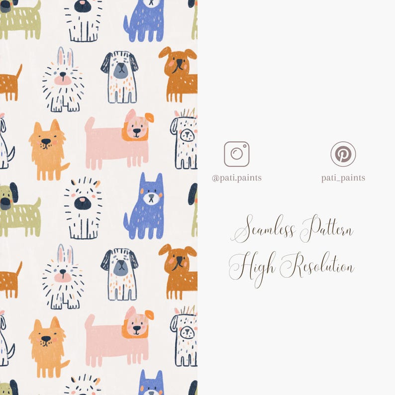 K&ouml;nnte beinhalten: Nahtloses Muster mit Cartoon-Hunden und einem Hasen in Orange, Rosa, Blau und Gr&uuml;n auf cremefarbenem Hintergrund. Der Text "Seamless Pattern High Resolution" und Social-Media-Handles sind enthalten.