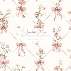 May include: A seamless pattern featuring pink roses, white flowers, and bows on a white background. The design includes diagonal lines creating a grid pattern. The text "Seamless Pattern" is displayed in the center.