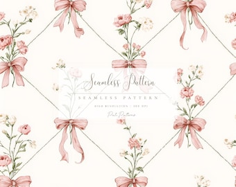 Floral Seamless Pattern, Vintage Pink Bow Digital Paper, Watercolor Flower Scrapbook, Romantic Textile Design, Instant Download