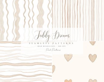 Watercolor Beige Seamless Pattern Set - Neutral Stripes Digital Paper Set - Nursery Background - Little Heart Seamless File - Textile Design