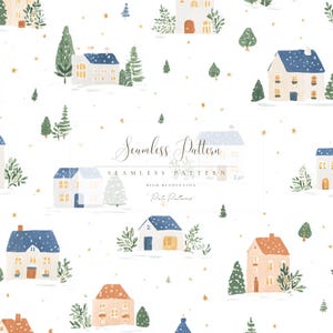 May include: A seamless pattern featuring watercolor illustrations of winter houses with blue and orange roofs, surrounded by snow and evergreen trees. The design includes the text "Seamless Pattern" and gold stars on a white background.
