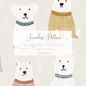 May include: Seamless pattern featuring white dogs wearing sweaters in various colors, including pink, green, and tan. The dogs have black eyes and noses. The text "Seamless Pattern" is displayed in the center.