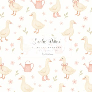 Könnte beinhalten: Nahtloses Muster mit Aquarellillustrationen von cremefarbenen Enten mit rosa Schleifen, Stiefeln und Gießkannen, durchsetzt mit rosa Blumen und grünen Blättern auf weißem Hintergrund. Der Text "Seamless Pattern" ist zu sehen.