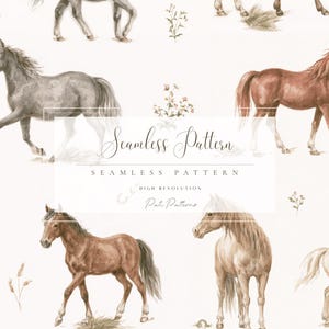 May include: A seamless pattern featuring watercolor illustrations of horses in various shades of brown, gray, and white, interspersed with small sprigs of wildflowers. The text Seamless Pattern and Pati Patterns is overlaid in the center.
