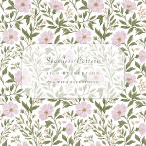 May include: A seamless floral pattern featuring light pink flowers, green leaves, and small beige accents on a white background. The design includes the text "Seamless Pattern" and "High Resolution".