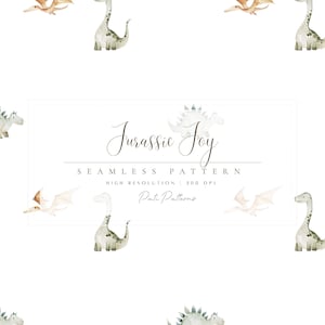 Pode incluir: Padrão sem costura em aquarela com dinossauros e pterodáctilos em tons de verde, cinza e bege sobre fundo branco. O texto "Jurassic Joy" é exibido em escrita elegante, com "Seamless Pattern" abaixo.