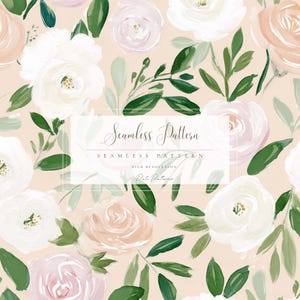May include: A seamless floral pattern featuring white, blush, and pink roses with green leaves on a light peach background. The design includes the text "Seamless Pattern" and "High Resolution".
