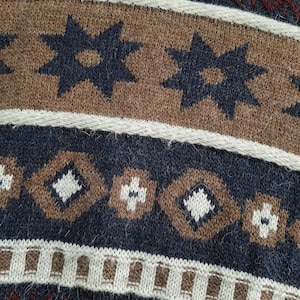 May include: Close-up of a knitted sweater with a repeating pattern. The design features brown, navy blue, and white geometric shapes, including stars and diamonds. The text "BALENCIAGA PARIS" is visible at the top.