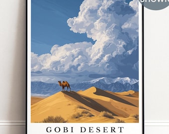 Gobi Desert Wall Art, Personalized Mongolia Travel Poster, Camel Landscape Print