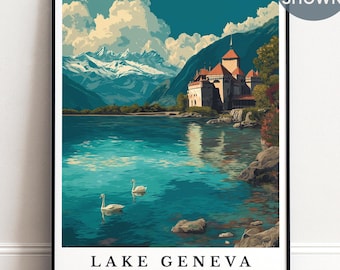 Lake Geneva Wall Art, Personalised Switzerland Travel Poster, Alpine Landscape Print