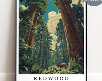 Personalised Redwood Forest Wall Art, California Travel Poster, Woodland Decor
