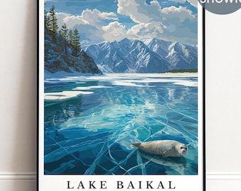 Lake Baikal Wall Art, Personalized Siberia Travel Poster, Winter Landscape Decor, Baikal Seal Print