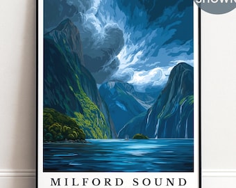 Milford Sound Print, Personalised New Zealand Fjord Travel Poster