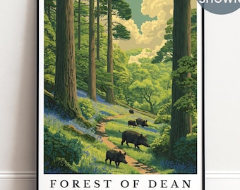 Forest of Dean Print, Personalised England Woodland Art, Wild Boar Nature Poster