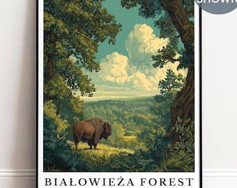Białowieża Forest Print, European Bison Art, Personalized Woodland Travel Poster