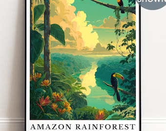Amazon Rainforest Wall Art Print, Personalised Brazil Travel Poster, Amazon River Art, Tropical Jungle Print, Rainforest Wall Decor