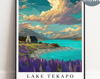 Lake Tekapo Print, Personalised New Zealand Travel Poster, Lupin Landscape Art