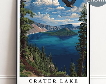 Crater Lake National Park Print, Oregon Landscape Wall Art, Personalised Travel Poster