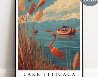Lake Titicaca Print, Personalized Peru Bolivia Travel Poster, Flamingo Andean Art