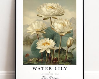 Personalised July Birth Flower Print | Water Lily Wall Art | Custom Name & Date Gift
