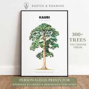 May include: A framed botanical art print featuring a detailed illustration of a Kauri tree with green foliage and a light brown trunk. The text reads ROOTED & ROAMING, KAURI, AGATHIS AUSTRALIS, NATIVE TO NEW ZEALAND, and 300+ TREES TO CHOOSE FROM.