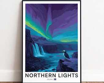 Northern Lights Iceland Print, Aurora Borealis Arctic Landscape Wall Art