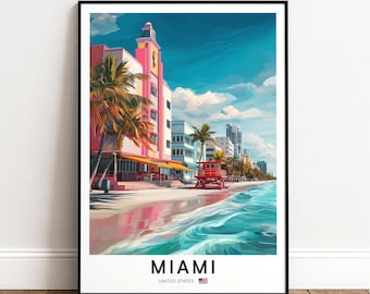 Miami Beach Poster, Coastal City Travel Art, Modern Illustrated Print