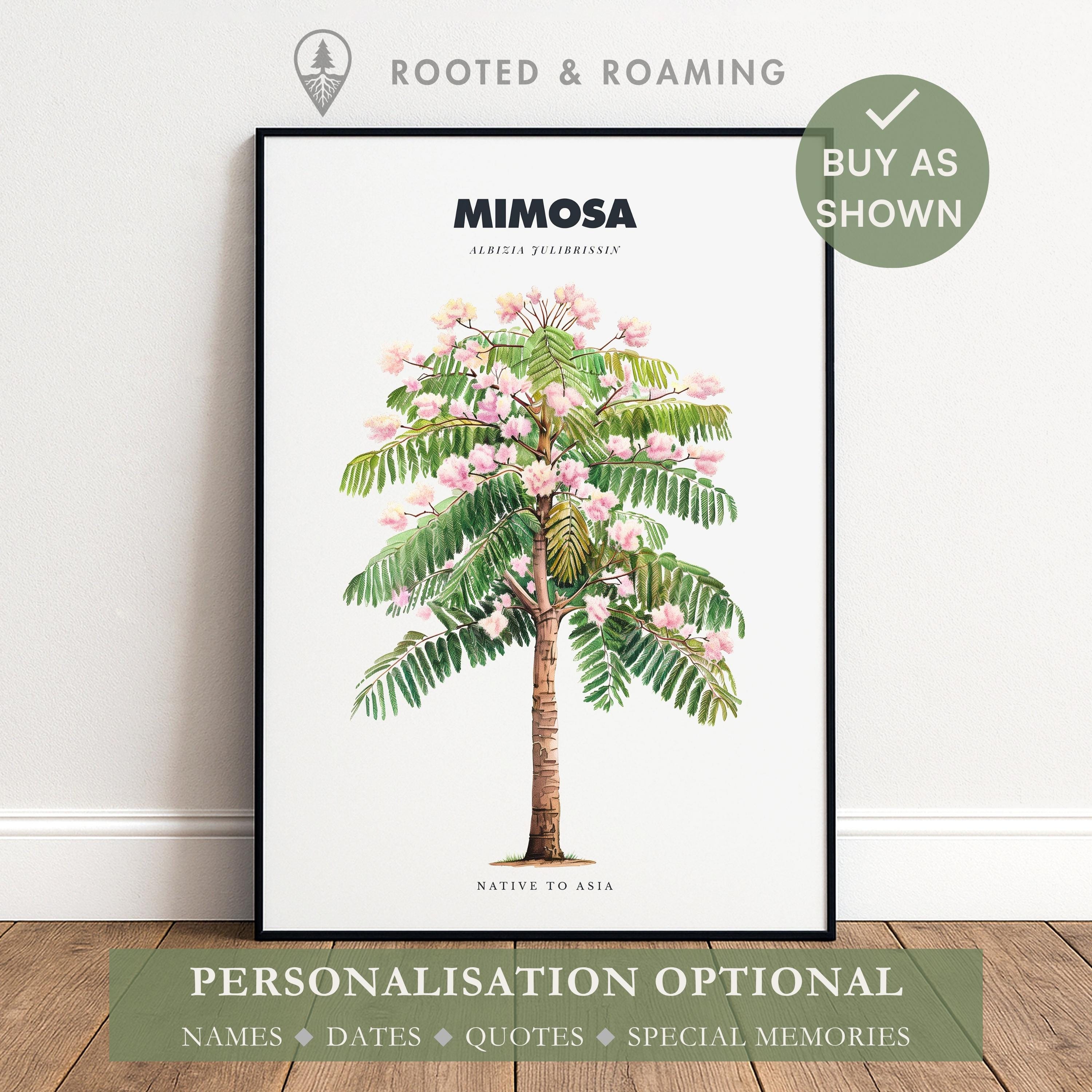 Personalised Mimosa Tree Print Custom Family Gift, Botanical Wall Art, Anniversary & New Home Gift