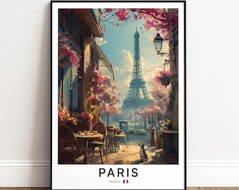 Paris Travel Poster, France Wall Art, Eiffel Tower Street Scene Print