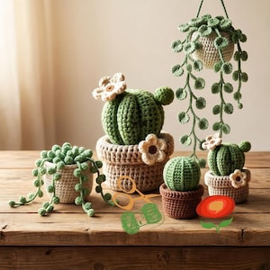 Puede incluir: Una colección de cactus y suculentas de ganchillo hechos a mano en varios tamaños y macetas. Los cactus son verdes con acentos florales color crema, y las macetas son en tonos marrones y beige. Una suculenta cuelga de una maceta. El arreglo está sobre una superficie de madera.