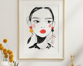 Bold Red Lips Fashion Illustration Modern Portrait Drawing