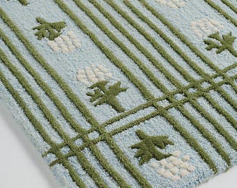 Blue Green Floral Wool Rug Handmade Striped Area Rug Botanical Neutral Living Room Bedroom Decor Rug