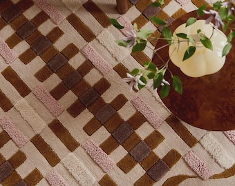 Modern Geometric Wool Rug Pink Brown Checkered Area Rug Scalloped Border Handmade Contemporary Living Room Bedroom Rug