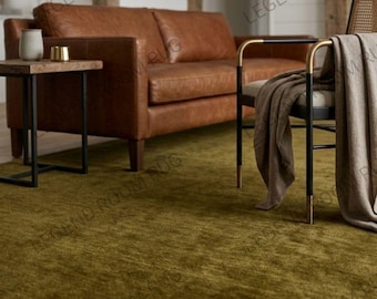 Olive Green Wool Area Rug, Solid Color Hand Tufted Rug, Minimalist Modern Carpet, Soft Custom Size Rug for Living Room Bedroom Decor 8x10