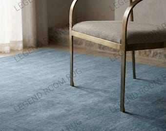 Soft Dusty Blue 100% Wool Rug, Handmade Solid Minimalist Area Rug, Modern Japandi Scandinavian Style Living Room/Bedroom Statement Rug