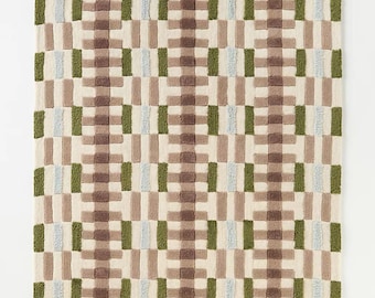Handmade tufted rug Wool Area Rug – Modern Geometric Olive Green and Taupe Rug for living area rug