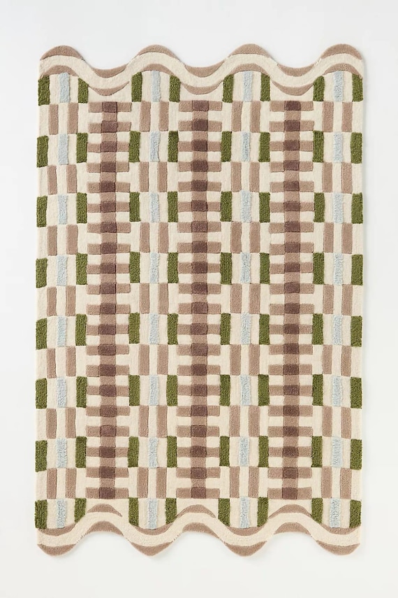 Handmade tufted rug Wool Area Rug – Modern Geometric Olive Green and Taupe Rug for living area rug