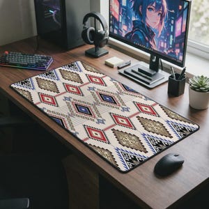 Podkładka na biurko z geometrycznym wzorem plemiennym, wystrój boho inspirowany stylem południowo-zachodnim, żywe kolory, antypoślizgowa, trwała, etniczna, tradycyjna