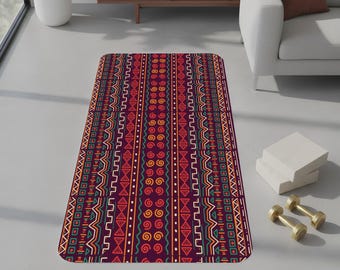 Rubber Yoga Mat with Vibrant Ethnic Geometric Pattern, Anti-Slip, Cultural Heritage Design, Bohemian Style, Plum Burgundy Orange Teal Colors