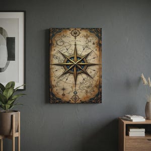 Può includere: Un'opera d'arte da parete rettangolare con uno sfondo in stile mappa antica e una prominente rosa dei venti centrale. Il design presenta intricati bordi decorativi scuri, linee geografiche sbiadite e il testo A ICENESS nella parte superiore centrale.
