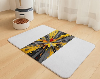 Pet Food Mat with Dynamic Abstract Color Burst Design, Non-Slip Rubber Base, Vibrant Yellow Gray Black Red Orange Art, 12x18 Inch.