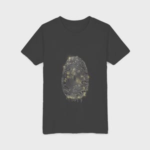 May include: A charcoal grey short-sleeve t-shirt featuring a central graphic of a fingerprint composed of intricate white circuit board lines. The design includes small yellow star-like accents and a dripping effect at the bottom edge of the print.