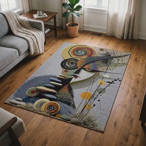 Abstract Rug Modern Cubist Face Art Textured Stacked Stones Spiral Design Earthy Vibrant Colors Non-Slip Machine Washable Durable Polyester