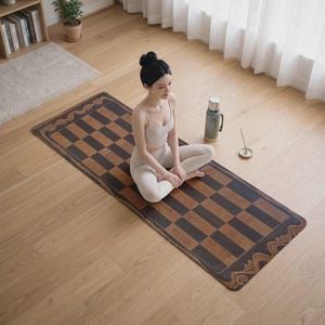 Può includere: Un tappetino da yoga rettangolare con un motivo a scacchi marrone e nero e un bordo decorativo. Il tappetino è posizionato su un pavimento in legno accanto a una borraccia termica in metallo verde e un piccolo porta incenso con un bastoncino.