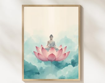 Pastel Buddha Wall Art with Lotus, Home Meditation Design, Yoga Studio Decor