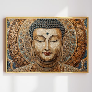 May include: A framed mosaic art print of a serene Buddha. The artwork features a detailed mosaic of the Buddha's face with closed eyes, a blue gem on the forehead, and a serene expression. The background has a circular design with floral patterns.