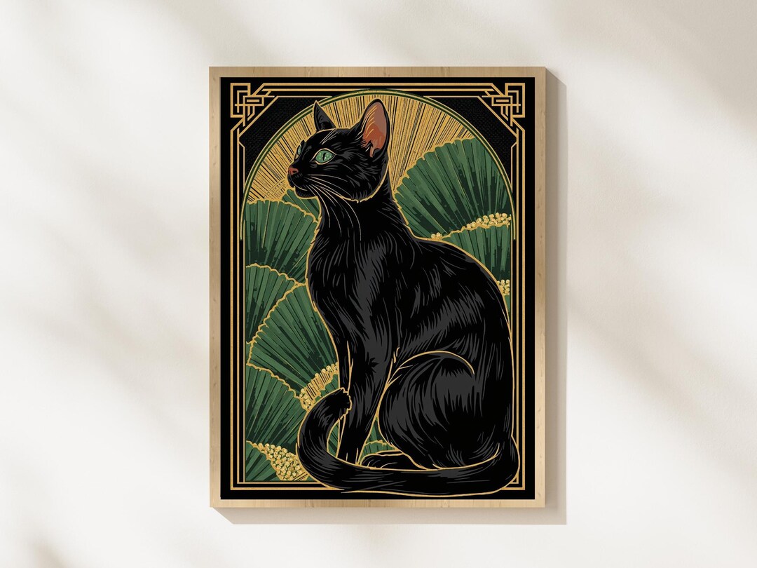Art Deco Black Cat Print Emerald Palette Digital Download Photo Inspiration